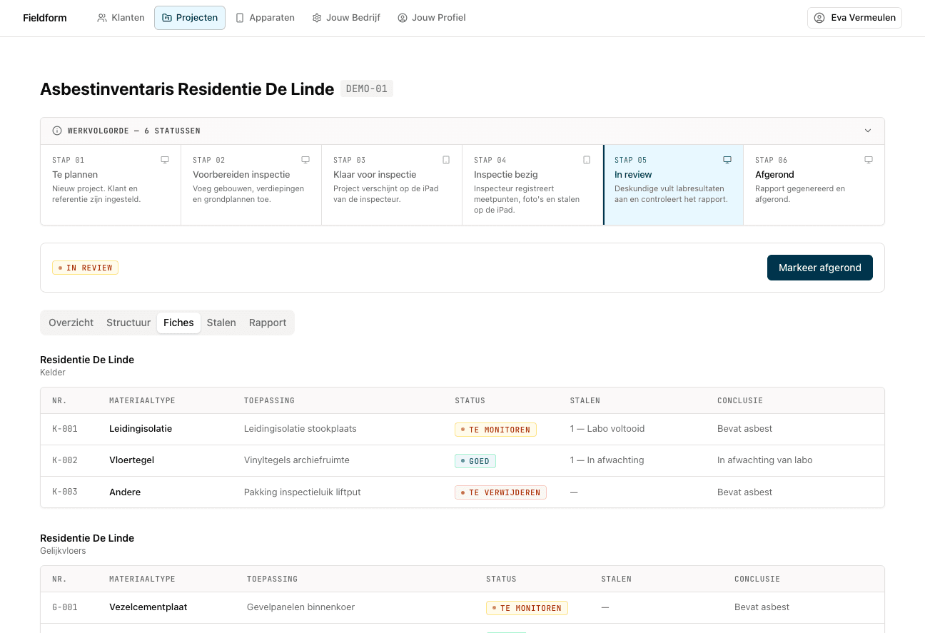 Webscherm met projectdetail, ficheoverzicht, stalen en conclusies
